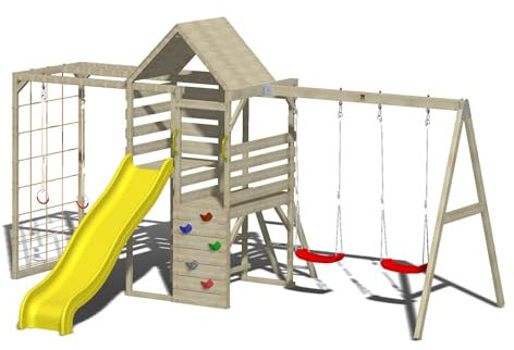 Wendi Toys M42 Climb Tower Set, Quadro Klettergerüst mit Doppelschaukel, 450 x 340 x 250 cm, Naturholz – Klettergerüst Outdoor mit Turnringen, Rutsche & Kletternetz, Turnstange Garten Kinder