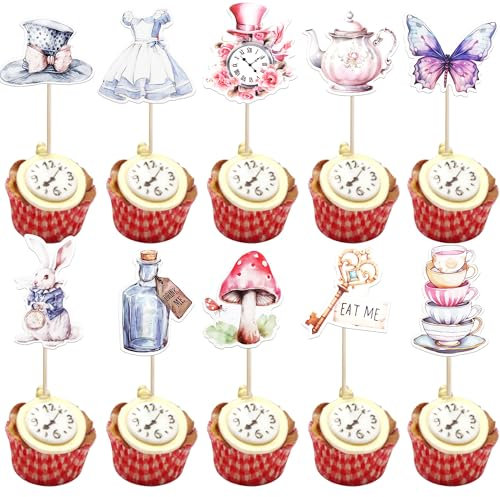 Xsstarmi 40 Pack Wonderland Theme Cupcake Toppers Glitter Alice Girl Butterfly Key Rabbit Cupcake Picks Mad Hatter Tea Party Cake Decorations for Magical Wonderland Baby Shower Birthday Party Supplies