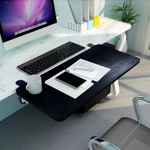 Desk Extender Tray, ergonomic desktop extension tray, punch-free clip, 55*25cm foldable keyboard tray, desktop mounted armrest, computer elbow support, suitable for office and home use(Black,55*25cm)