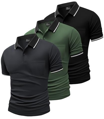 SwissWell 3er Pack Poloshirt Herren Kurzarm Golf Polo Shirts Männer Atmungsaktiv T-Shirt für Herren, Schwarz+Dunkelgrau+Armeegrün L