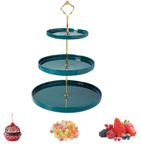 DYUEE 3 Tier Round Porcelain Tiered Cupcake Stand Ceramic Cake Stand Afternoon Tea Porcelain Round Display Dessert Stand Tiered Serving Stand 6+8+10 Serving Tray Platte for Wedding & Party (Green)