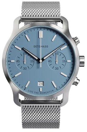DeTomaso Herrenuhr Sorpasso Chronograph in Minty Blue - Armbanduhr an silbernem Mesh-Armband - aus 316L Chirurgenstahl mit einem Quarzuhrwerk & saphirgehärtetem Mineralglas – 42 mm