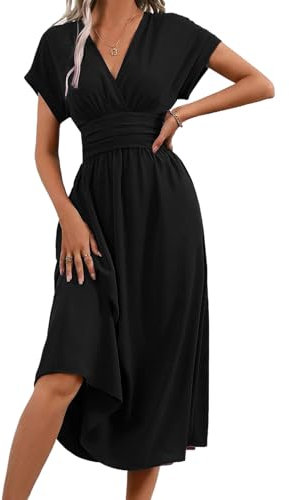 LIAMERHE Damen Kurzarm V-Ausschnitt Sommerkleid Elegant Lang Kleider Freizeitkleider Plissee Hohe Taille Lässiges Kleid Boho Stil A-Linie Strandkleid Schwarz XXL