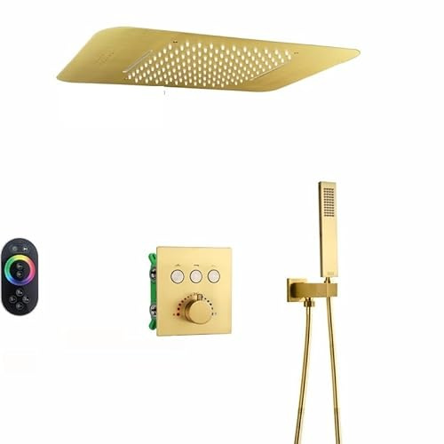 HPHPH Rain Waterfall Bathroom Thermostatic Shower Faucet Set,Ceiling Embedded 23 * 15 Inch Led Shower Head With Music Speaker System(I Brushed Gold)