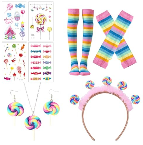 GWAWG Lollipop Kostüm Damen Set Candy Kostüm mit Lollipop Haarreif Fingerlosen Handschuhen Ohrringen Halskette Tattoos Overknees Strümpfe Bonbonfarben Accessoires Karneval Fasching Halloween Party