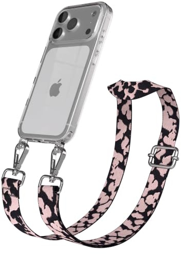 EAZY CASE Handykette - Verstellbares Taschenband kompatibel mit iPhone 17 Pro, Schulterriemen, Handykordel mit Silikon Hülle, Umhängetasche, Rosa Camouflage Silber