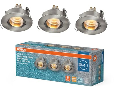 Osram Spot Set LED Einbaustrahler IP65 Press 4,5W Satin-Nickel, 320lm 2700K Warmweiß, CRI≥80, Feuchtraum, 3er-Set