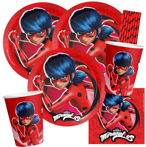 Set de fiesta Miraculous Ladybug – 36 piezas, platos de papel, vasos, servilletas + 8 pajitas para cumpleaños infantiles