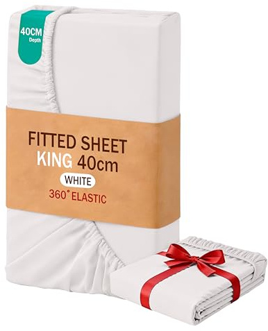 MOHAP 16 inch(40cm) Extra Deep King Size Fitted Sheet Only Bedsheet No Pillowcases Brushed Microfiber Breathable No Color Fade White
