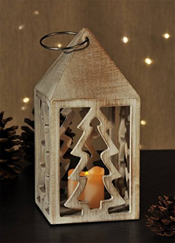 Haushalt International Holzlaterne Weiss beleuchtet mit 1 warmweissen LED Batteriebetrieb 54851