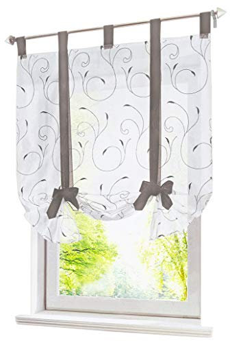 Raffrollo mit Stickerei Band Raffgardinen Voile Transparent Schlaufen Vorhang (BxH 60x140cm, Grau)