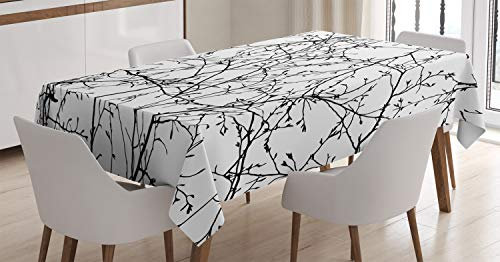 ABAKUHAUS Baum Tischdecke, Zweige mit Blättern Knospen, Wasserfest Waschbar mit Klar Sichtbaren Farben kein Verblassen Personalisiert, 140 x 170 cm, Schwarz Weiß