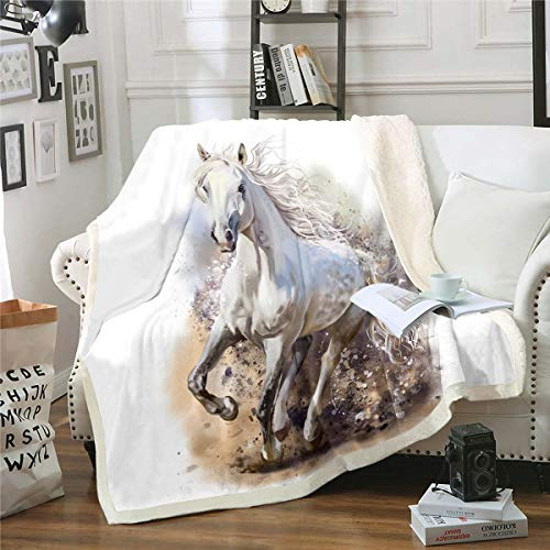 3D Horse Sherpa Fleece Throw Blanket - White Galloping Horses, Kids Boys Cool Wild Animal Plush Blanket - Double, 60x79 Inch