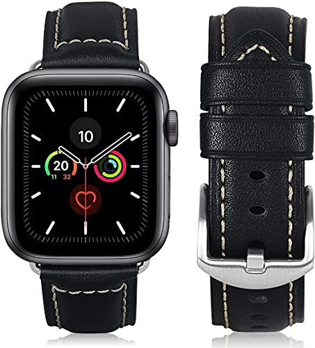 HUAFIY Leder Armband für Apple Watch Armband 38mm 40mm 41mm42mm, Herren Damen Ersatz Original Lederband für iWatch Serie 10/9/8/7 6 5 4 3 2,Ultra,Ultra2 (Schwarz/silberne Schnalle, 38mm40mm41mm)