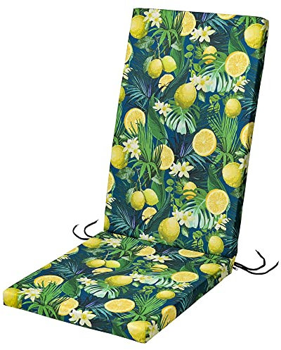 SOFTILLO Waterproof High Back Chair Cushion With Ties - 120x45x4cm - Indoors/Outdoors Patio Seat Pad Cushion For Garden Chairs, Loungers, Recliner, Relaxer - Water-Resistant Material - Tropical Lemon