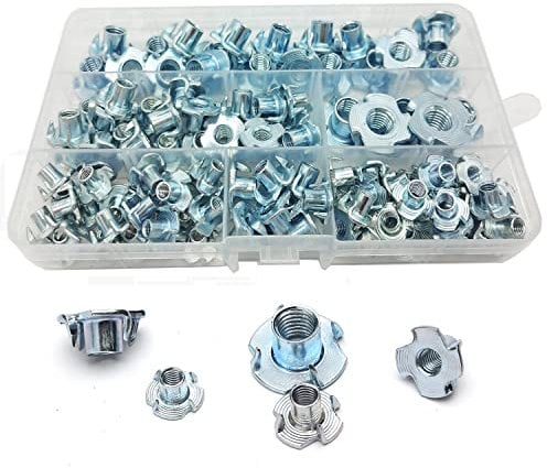 WeqeYent 115 Pezzi Kit Dadi a T, Dadi Guida M4 M5 M6 M8 M10, Acciaio Carbonio Zincato 4 Denti Dadi Ideale, Filettati, Inserti Dado Acciaio Carbonio per Mobili Artigiani Legno