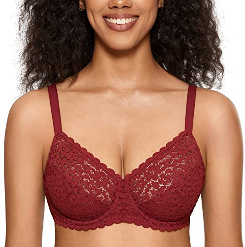 DOBREVA Women's Full Coverage Bra Lace Unlined Underwire Plus Size Minimiser Bra Chinese Red 32F