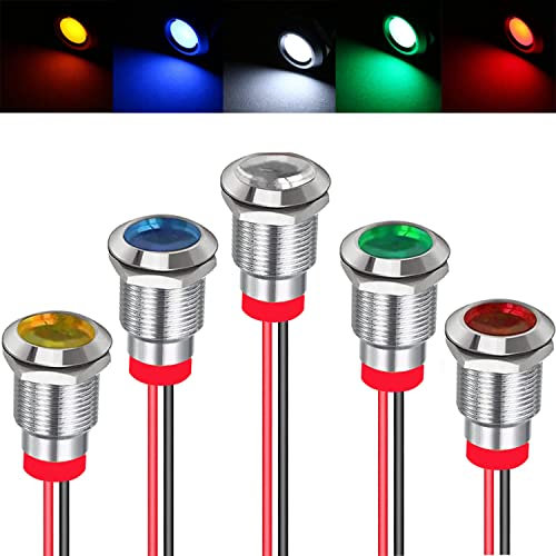 RUNCCI-YUN 5pcs12V-24V 12mm LED Pannello Pilota Cruscotto Spia Indicatore Lampada Auto Furgone Barca Indicatore Luminoso Lampada Pilota Cruscotto (rosso blu verde giallo bianco)