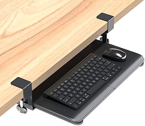 BONTEC Small Under Desk Keyboard Tray, 508x300mm Pull Out Keyboard Shelf and Mouse Platform, C Clamp Slide-Out Keyboard Drawer Under Desk, Ergonomic Typing Stand, Black, 5kg Load, Easy Install