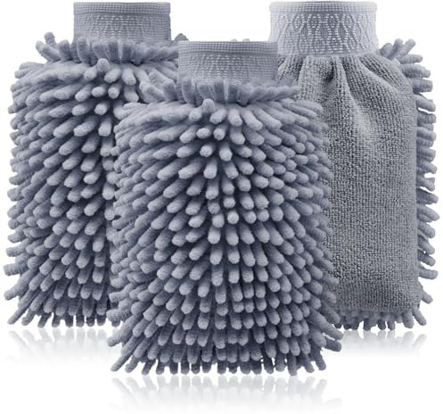 com-four® 3X Waschhandschuh für KFZ und Haushalt - Microfaser-Handschuh - Chenille-Handschuh - Putzhandschuh für die Autopflege, Autowäsche und Fensterreinigung (3-teilig - grau)