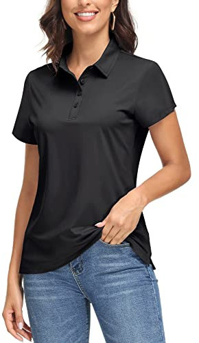 EKLENTSON Ladies Short Sleeve Polo T Shirts Sun Protection Collared Button Down Office Work Tops with 4 Button Black,M