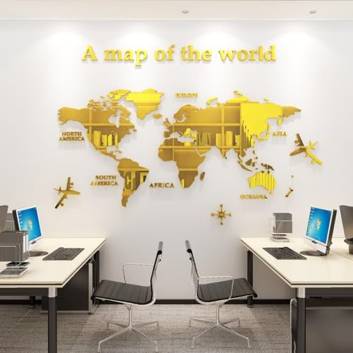 WINDIR 3D Weltkarte Wandaufkleber Dekor Wandbilder DIY Aufkleber Golden 180,3 x 101,6 cm, Acryl Büro Wandkunst Dekor Schlafzimmer Wohnzimmer TV Wand (Golden: 180 x 100 cm)