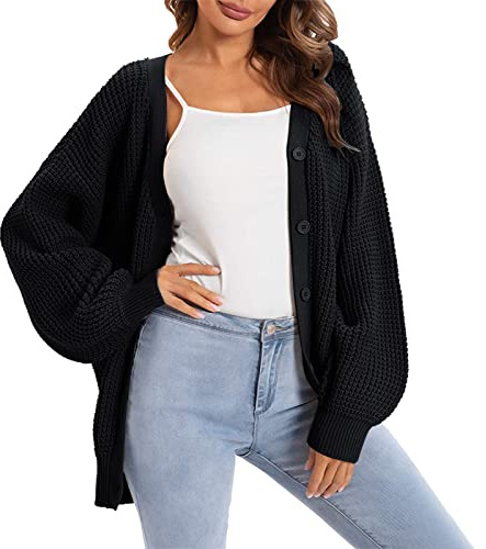 IQYU Cardigan da donna, nero, a maglia grossa, corto, da donna, oversize, a pipistrello, con bottoni, cardigan, elegante, giacca, autunno, estate, maglione a maglia grossa, Nero , L