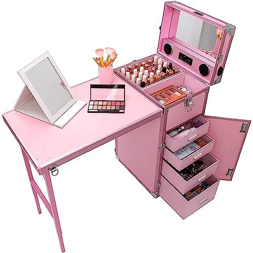 HDCCDM Klappbarer Nageltisch, Tragbarer Mobiler Maniküre-Schreibtisch, Multifunktions-Make-up-Tisch Mit Zugstange, Mit Stauraum, Arbeitstisch Und Spiegel, Für Technikersalon