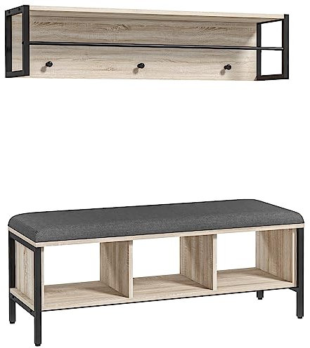 HOMCOM Ensemble Meuble d'entrée 2-en-1 Banc à Chaussures avec 3 casier et Porte-Manteau Mural 3 Crochets et Barre - Coussin rembourrée - Naturel et Noir