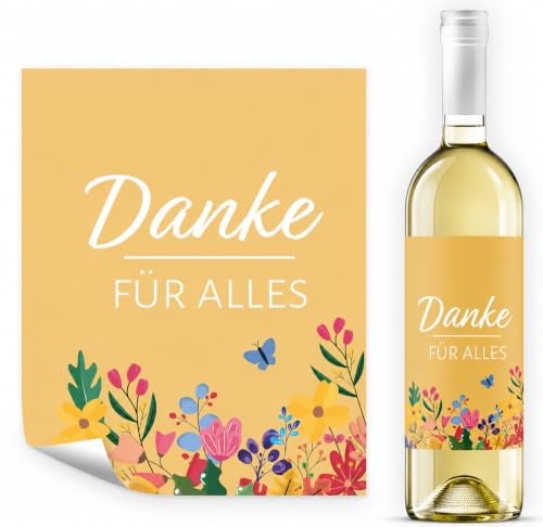 8 Flaschenetiketten selbstklebend - Aufkleber für Sekt und Wein Flaschen | Premium Flaschen-Aufkleber Etikett Danke Bedanken Danke sagen Gelb Blumen für Flasche
