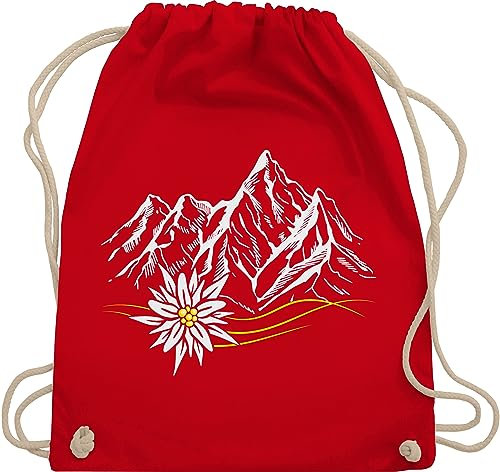 Turnbeutel Rucksack - Kompatibel mit Oktoberfest Tasche - Edelweiß Berge Wandern Wanderlust Berg ruft Alpen - Unisize - Rot - trachtenrucksack bayrische bergen baumwollrucksack trachtentaschen