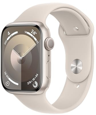 Apple Watch Series 9 (GPS, 45 mm) Smartwatch mit Aluminiumgehäuse und Sportarmband S/M in Polarstern. Fitnesstracker, Blutsauerstoff und EKG Apps, Always-On Retina Display, Wasserschutz