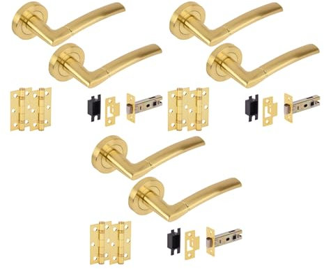 HANDLEZONE® 3 Sets Neemo Internal Door Handles on Rose Lever Latch Packs with Ball Bearing Hinges - Brushed Brass