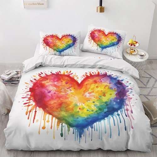 Lgbt Homosexuell Pride Bettwäsche 155x220 - Regenbogen Herz Bettbezug 155x220 3 teilig, Wendebettwäsche und Kissenbezug 80x80, Weiche & Angenehme Mikrofaser Bettwäsche-sets mit Reißverschluss