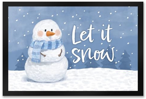 Schneemann im Wintersturm Fußmatte XXL in 50x75 cm mit Spruch Let it Snow EIN bunter Türvorleger für die Eingangstüre Schnee Schneeflocken Fußabstreifer Winter Türmatte