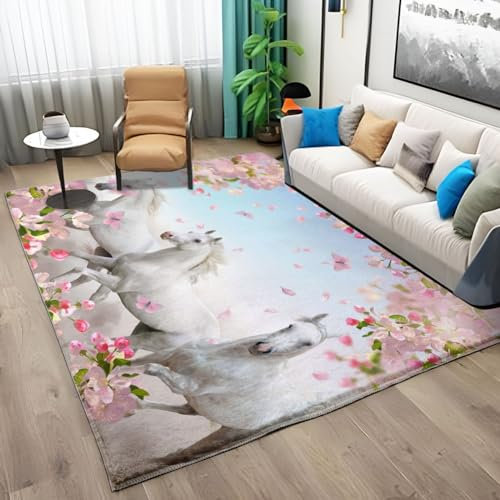 Teppich Wohnzimmer Schlafzimmer 120x170cm Waschbar Kurzflor Anti-Rutsch TPR Unterseite Langlebig Robuster Polyester Teppich Rechteckig Pflegeleicht, Tierisches WeißEs Pferd-