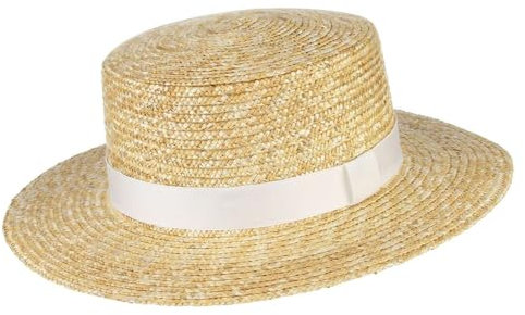 GEMVIE Sombrero de Paja de Verano para Mujer, con ala Ancha, Parte Superior Plana Panamá, Sombrero de Paja para Playa-Blanco 7cm