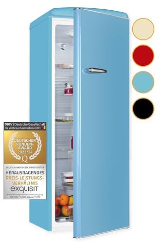 Exquisit Retro Vollraumkühlschrank RKS325-V-H-160E taubenblau | Nutzinhalt: 225 L | Retro-Design | Türablagen & Glasablagen | Ohne Gefrierfach