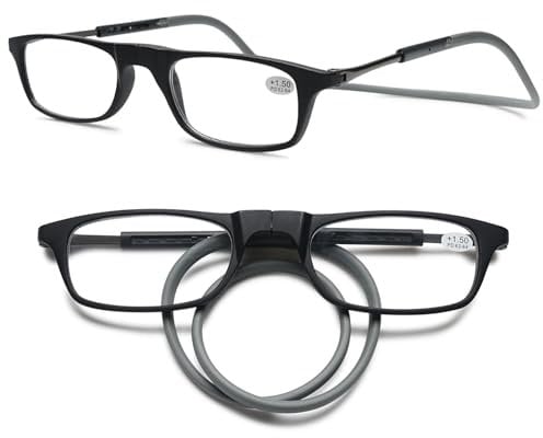 MAGIMODAC Damen Herren Lesebrille Faltbar Magnetverschluss Lesehilfe Sehhilfe Magnetische Lesebrillen mit flexiblem Halteband Schwarz Grau 1.50