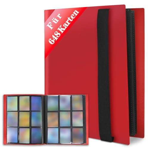 JUSONEY Sammelkarten Album - 648 Pockets Sammelalbum 36 Seiten Pro 9 Pocket mit Wasserdichte Rot Buchdeckel Perfekt zum Sammeln von Karten für MTG Magic,für Match Atta(Rot)