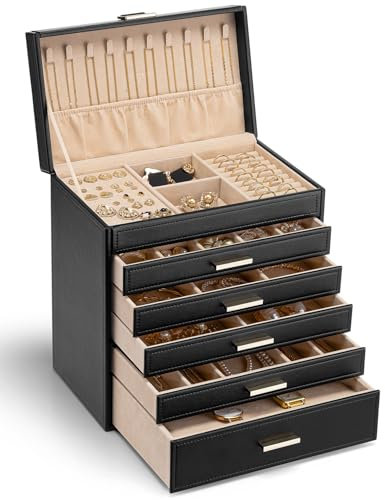 Vlando Grande boîte à bijoux moderne à 6 niveaux - Boîte à bijoux spacieuse pour femme - Pour boucles d'oreilles, bagues, bijoux - Avec tiroirs, miroir, coussin de montre - Idée cadeau - Noir