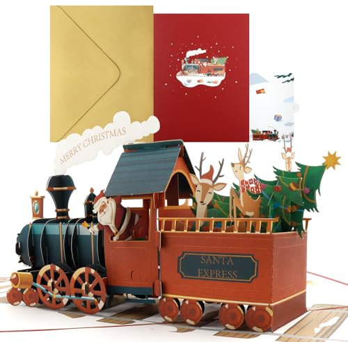 Pop-Up Karte Weihnachten mit Umschlägen,3D Pop Up Weihnachtszug Eisenbahn,Lustige 3D Weihnachtskarte,Weihnachtskarten,Weihnachten Karte für Kinder Mädchen und Jungen