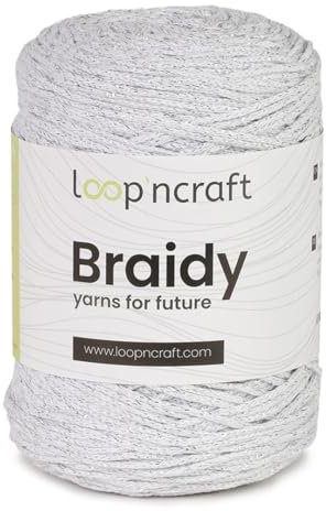 Cordino morbido per borse ad uncinetto in cotone riciclato, cordoncino 2 mm, 250gr al gomitolo, 250 metri, per borse ad uncinetto, progetti creativi e hobby (Bianco e Lurex Argento)