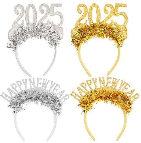BOOMTOP 4pcs Bandeaux Nouvel An Serre-Tête Paillettes cheveux 2026 Brillant Guirlande Happy New Year Or Argent Décoration Cadeau Accessoire de Coiffure Couvre-Chef pour Fête réveillon de Nouvel an
