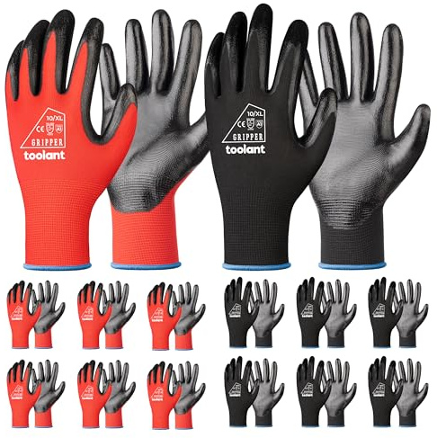toolant Nitrilbeschichtete Arbeitshandschuhe Herren, Hervorragende Ölbeständigkeit, 12 Paar Grip-Schutzhandschuhe mit Touchscreen, Für Kfz-Reparatur, Gartenarbeit und Lager (Rot&Schwarz，XL)