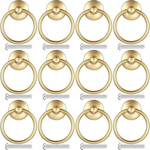 Roellgs 12PCS Vintage Drawer Handles, Retro Ring Drawer Knobs, Kitchen Cabinet Cupboard Door Ring Pull Handles, Antique Style Furniture Pull Handles (Gold)