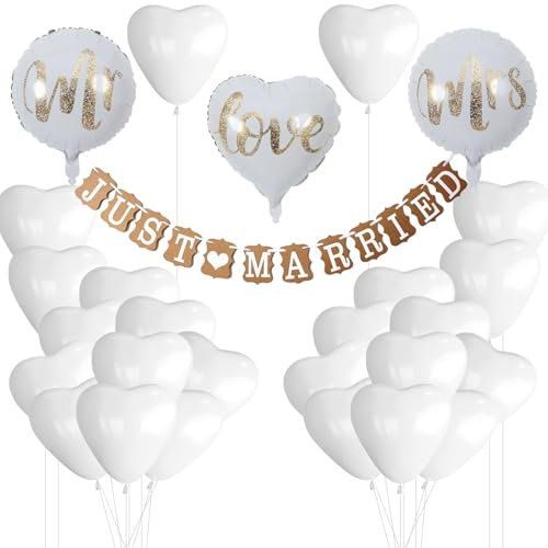 ENLACE Hochzeitsdeko Set, Mr & Mrs Deko Hochzeit Buchstaben Folienballon, Love Folienballons, Just Married Girlande mit 50 Ballons, Weiß Hochzeit Dekoration Standesamt Deko Brautdusche Wedding