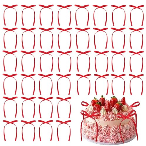 AOOTE Tortendeko Schleifen Rot,40 Stück Cake Topper mit Schleife,Schleife Torten Deko,Schleifen-Kuchendekorationen für Kuchen,Geburtstag, Hochzeit, Party, Hochzeitstag(Rot)