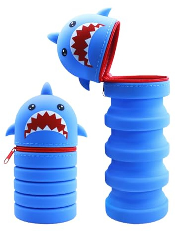 CHUNLINLAODA Kawaii Shark 2 in 1 Soft Silicone Pencil Case, Shark Pencil Case, Kawaii Table Pen Holder, Stand Up Case, Animal Pencil Pouch Holder, for Kids, Students, Office, School