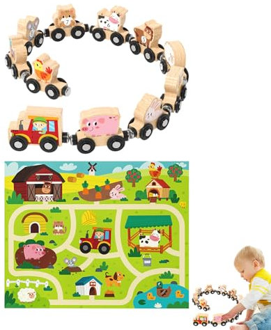 lisutupode Zug aus Holz, Bauernhof, Spielzeug – Zug aus Holz, ländliches | Eisenbahnspiel auf Tisch für Mädchen ab 18 Monaten